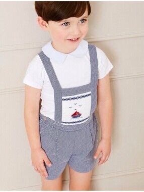 Pepa London Cheyne 3Y Seersucker Sailboat Embroidered  Dungarees Shortall Romper
